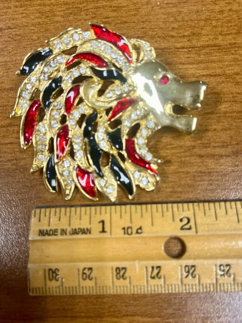 Gold Tone Lion Head Brooch Red Black Enamel Rhinestones Statement Pin